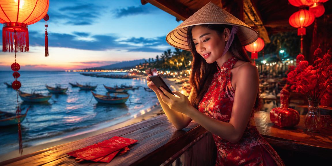 Phụ nữ Việt Nam đội nón lá tham gia nhận thưởng và ưu đãi trực tuyến tại Mũi Né